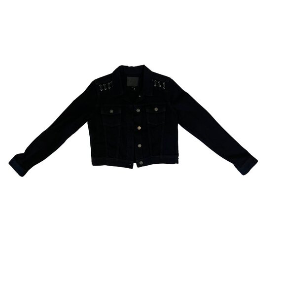 Black PAIGE cropped denim jacket with lace up detail - Picture 2 of 6